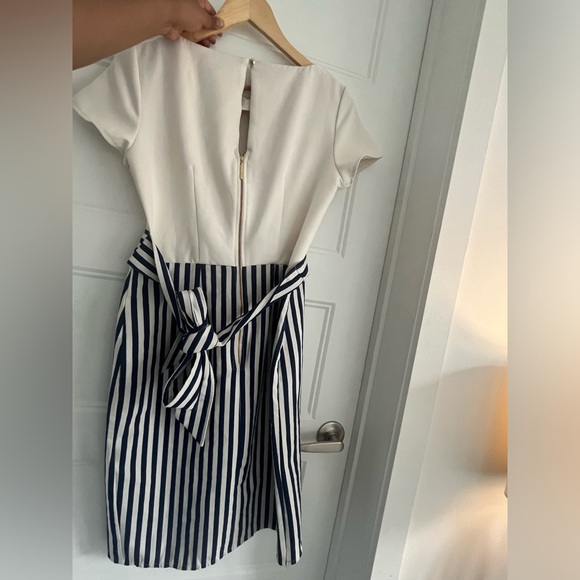 #32 Tie Back Stripe Button Dress nautical dress in cream and blue with bow - Picture 7 of 10